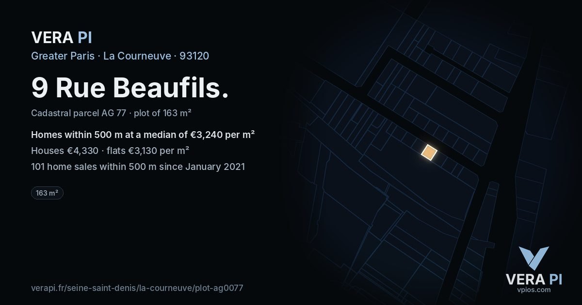 9 Rue Beaufils, La Courneuve at night – the plot lit, the parcels around coloured by the prices near them