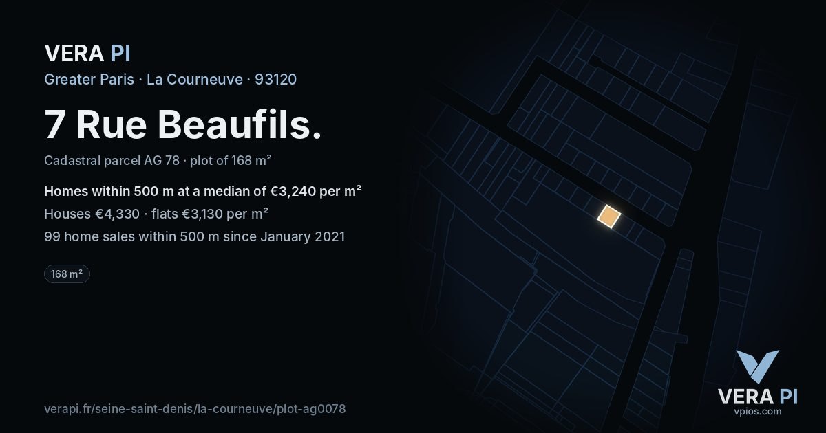7 Rue Beaufils, La Courneuve at night – the plot lit, the parcels around coloured by the prices near them