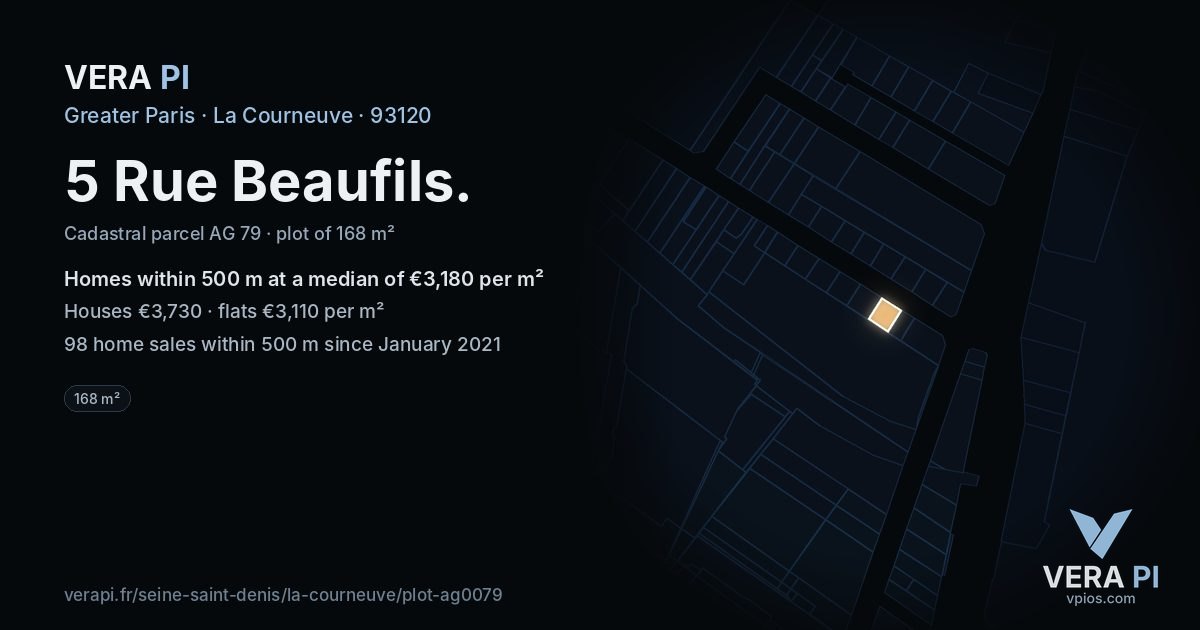 5 Rue Beaufils, La Courneuve at night – the plot lit, the parcels around coloured by the prices near them