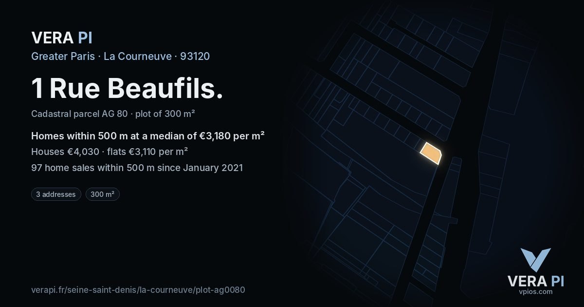 1 Rue Beaufils, La Courneuve at night – the plot lit, the parcels around coloured by the prices near them
