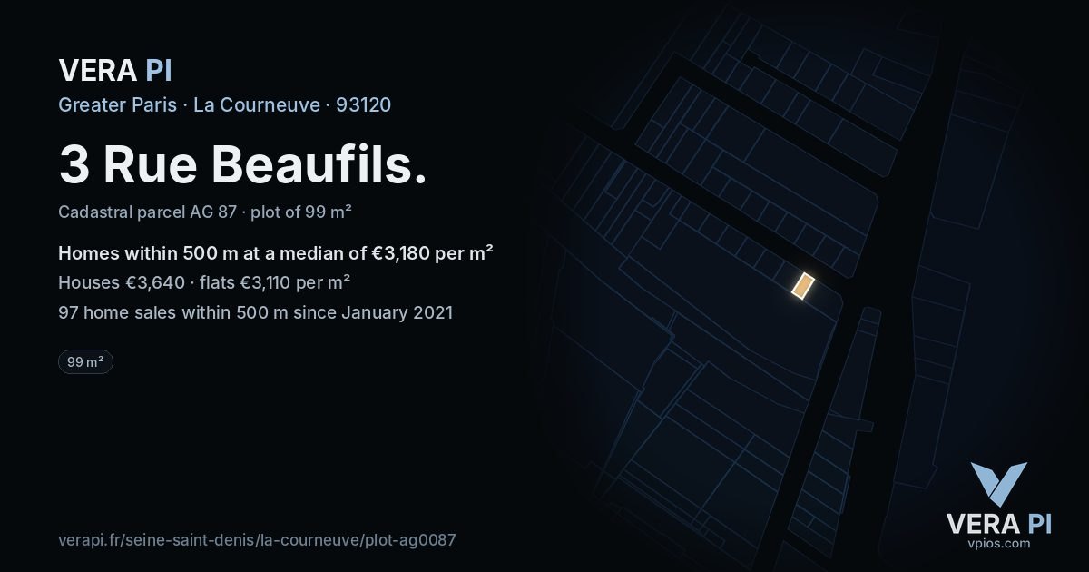 3 Rue Beaufils, La Courneuve at night – the plot lit, the parcels around coloured by the prices near them