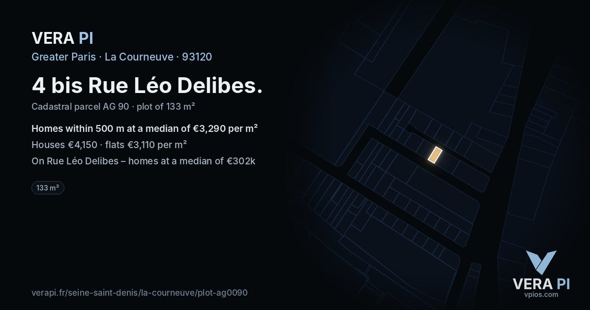 4 bis Rue Léo Delibes, La Courneuve at night – the plot lit, the parcels around coloured by the prices near them