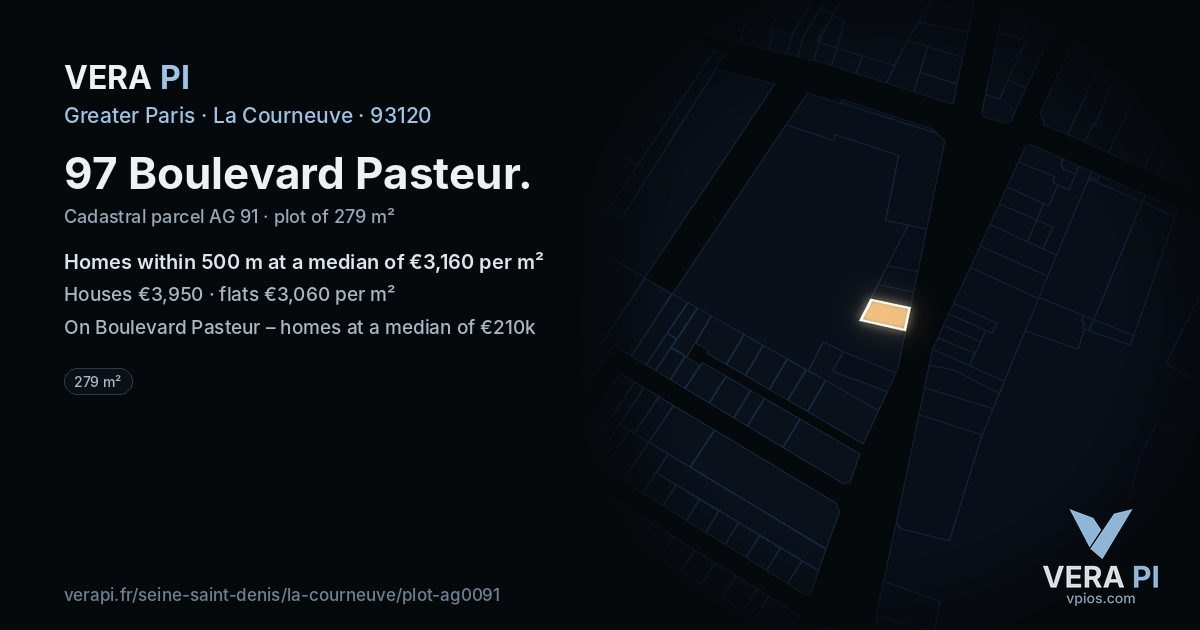 97 Boulevard Pasteur, La Courneuve at night – the plot lit, the parcels around coloured by the prices near them