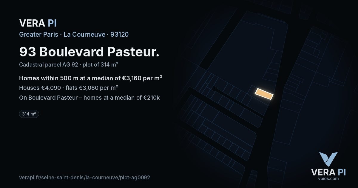 93 Boulevard Pasteur, La Courneuve at night – the plot lit, the parcels around coloured by the prices near them