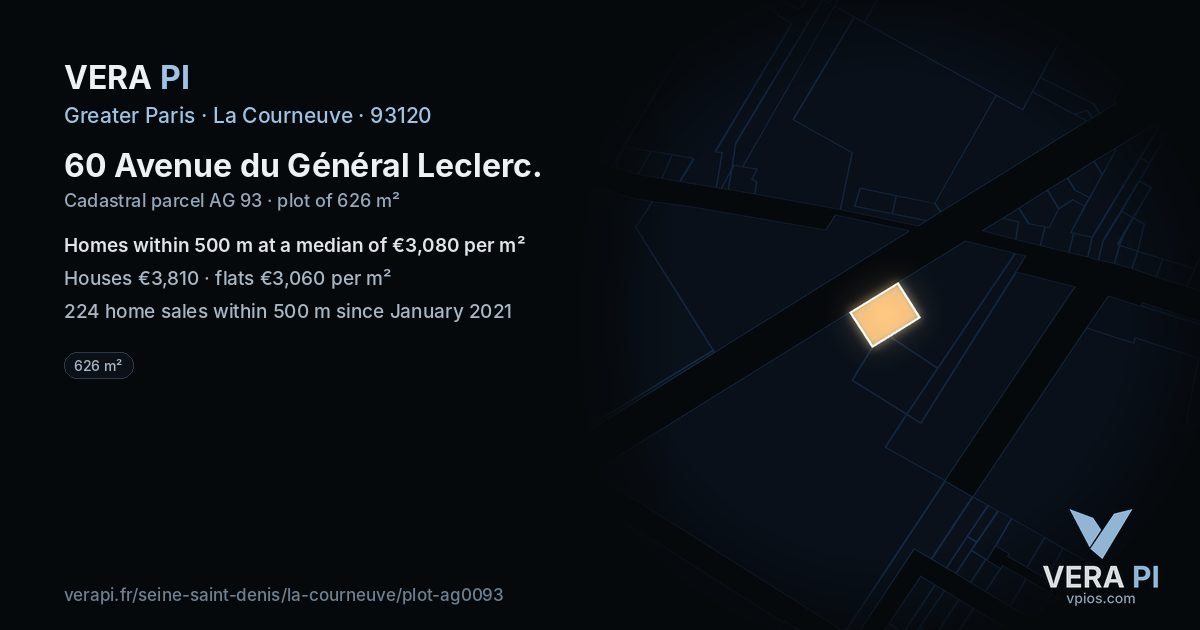 60 Avenue du Général Leclerc, La Courneuve at night – the plot lit, the parcels around coloured by the prices near them