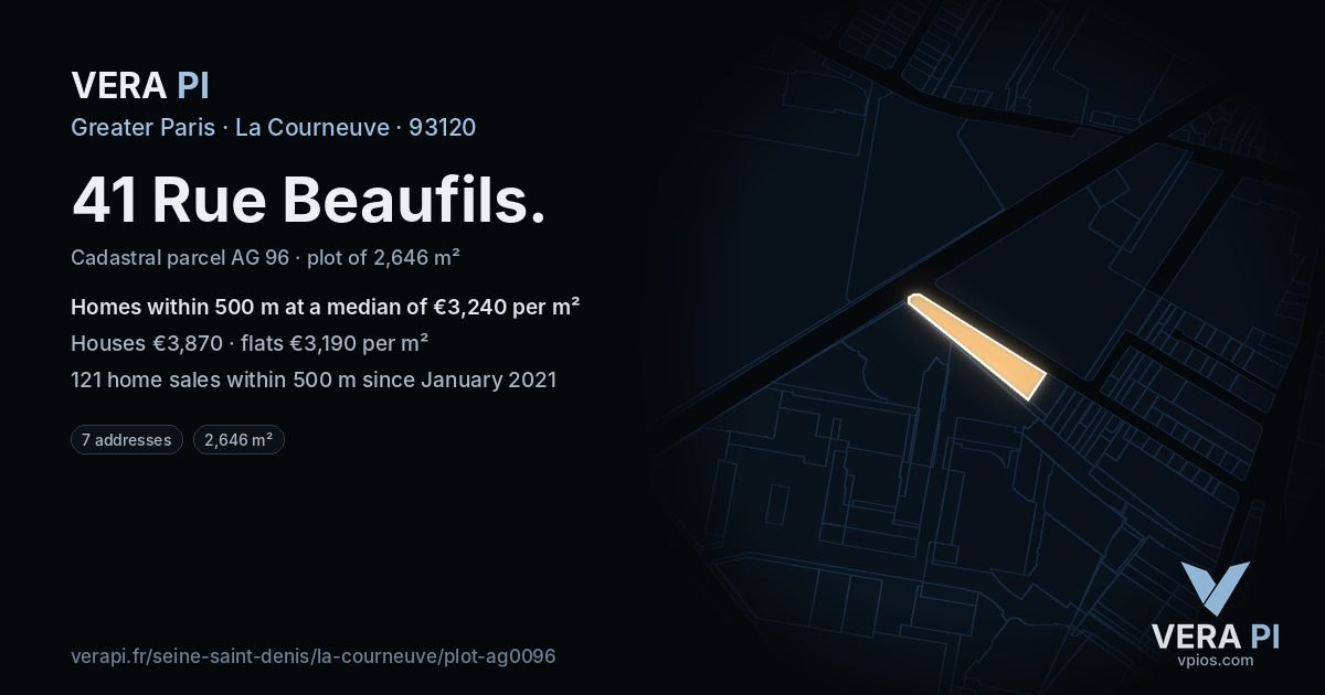 41 Rue Beaufils, La Courneuve at night – the plot lit, the parcels around coloured by the prices near them