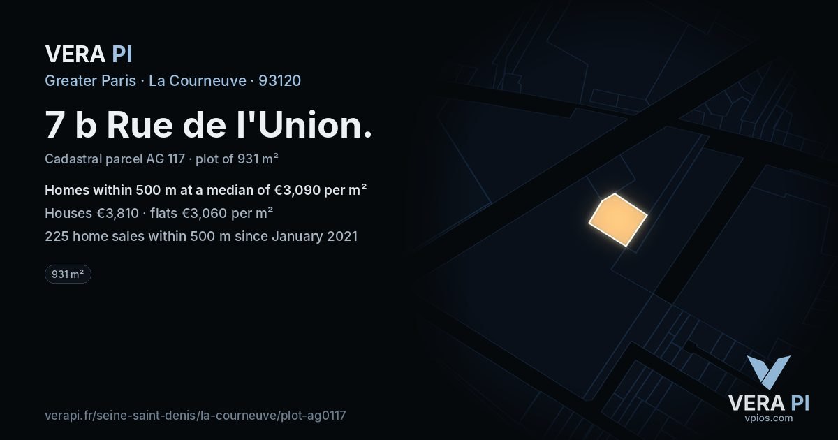 7 b Rue de l'Union, La Courneuve at night – the plot lit, the parcels around coloured by the prices near them