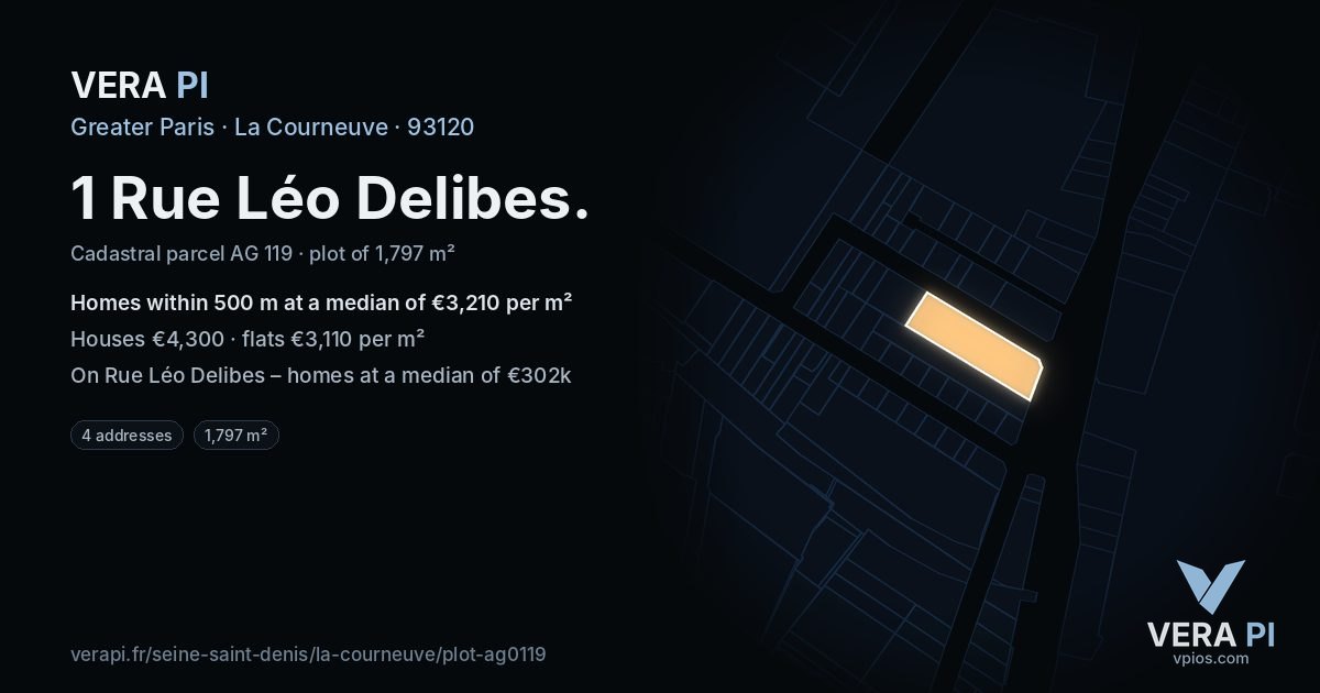 1 Rue Léo Delibes, La Courneuve at night – the plot lit, the parcels around coloured by the prices near them