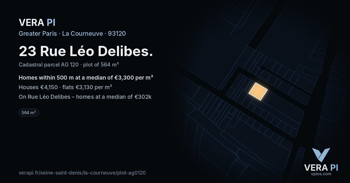 23 Rue Léo Delibes, La Courneuve at night – the plot lit, the parcels around coloured by the prices near them