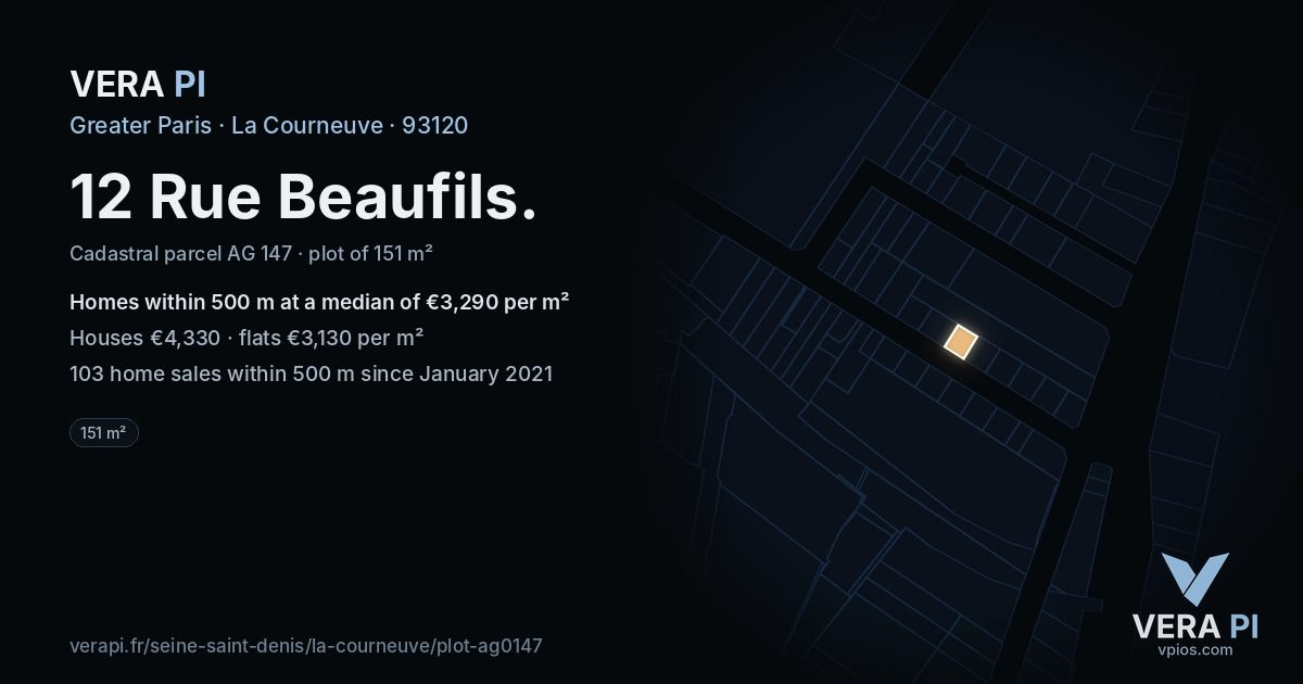 12 Rue Beaufils, La Courneuve at night – the plot lit, the parcels around coloured by the prices near them