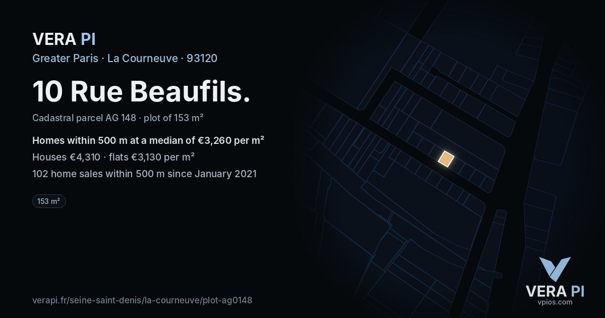 10 Rue Beaufils, La Courneuve at night – the plot lit, the parcels around coloured by the prices near them