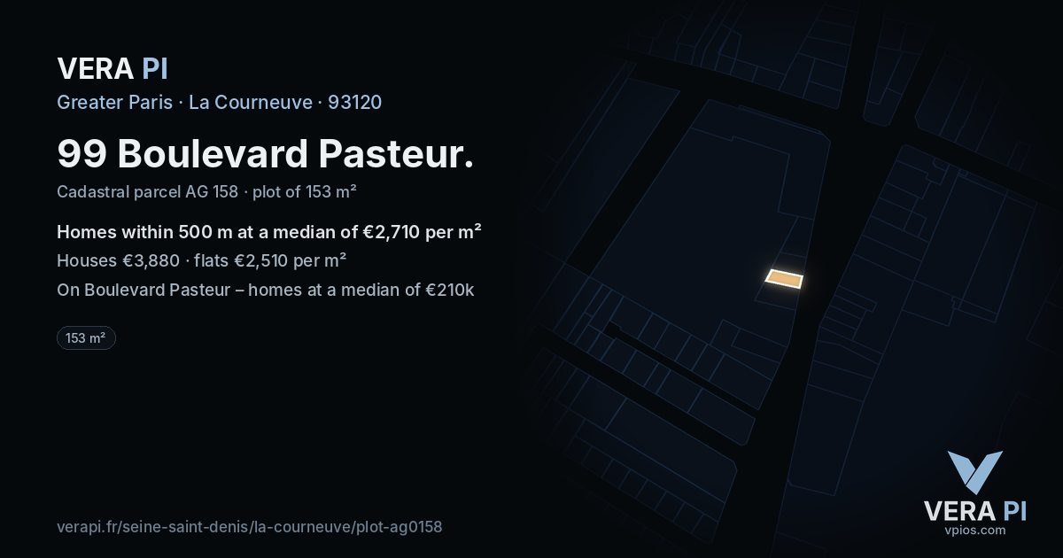 99 Boulevard Pasteur, La Courneuve at night – the plot lit, the parcels around coloured by the prices near them