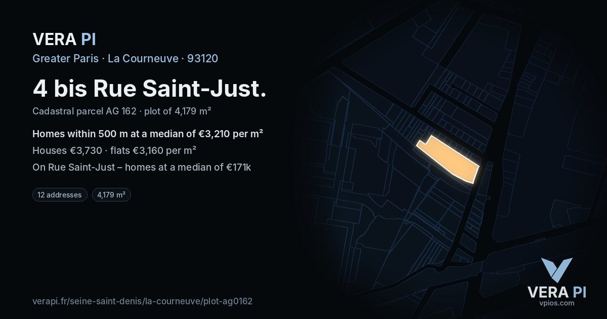 4 bis Rue Saint-Just, La Courneuve at night – the plot lit, the parcels around coloured by the prices near them