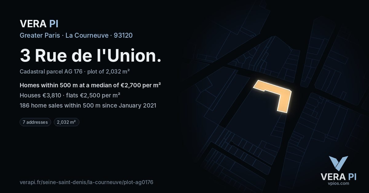 3 Rue de l'Union, La Courneuve at night – the plot lit, the parcels around coloured by the prices near them