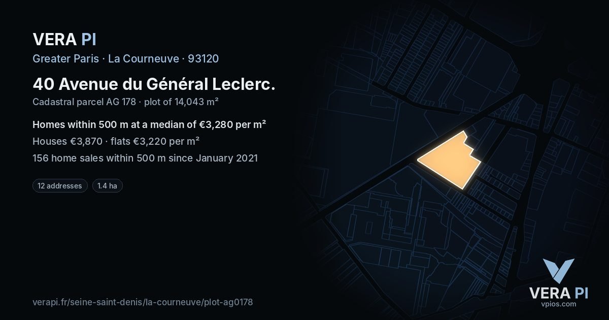40 Avenue du Général Leclerc, La Courneuve at night – the plot lit, the parcels around coloured by the prices near them