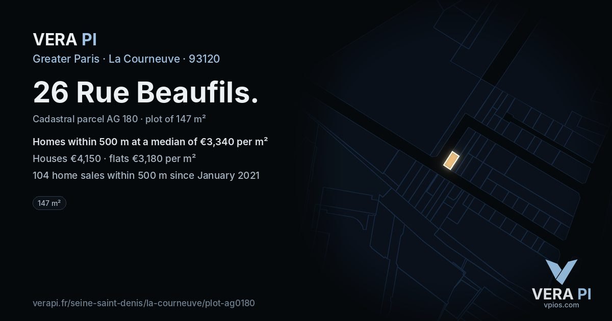 26 Rue Beaufils, La Courneuve at night – the plot lit, the parcels around coloured by the prices near them