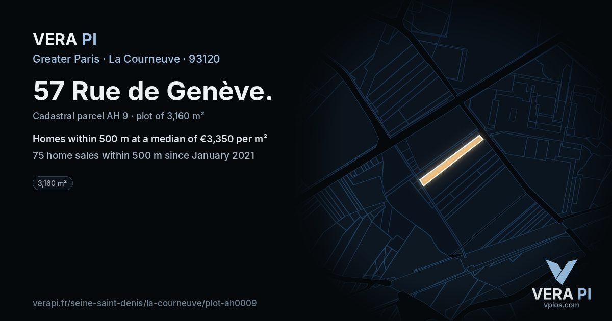 57 Rue de Genève, La Courneuve at night – the plot lit, the parcels around coloured by the prices near them