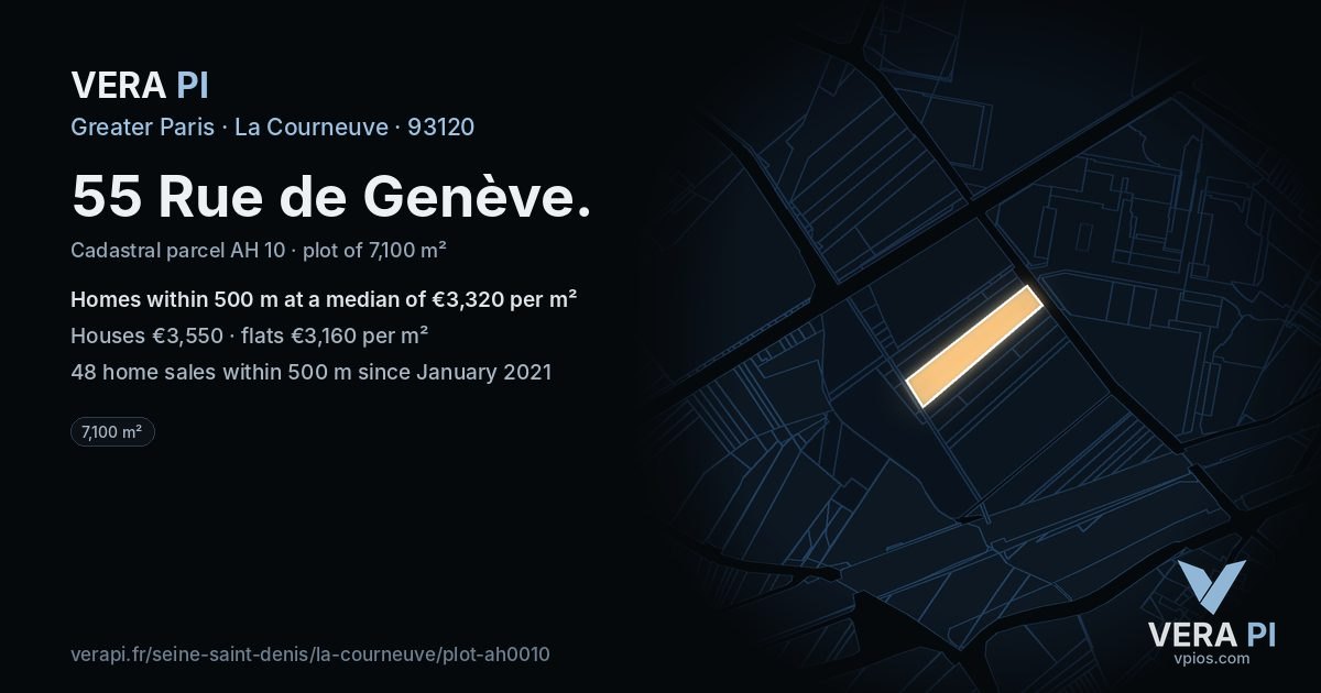 55 Rue de Genève, La Courneuve at night – the plot lit, the parcels around coloured by the prices near them