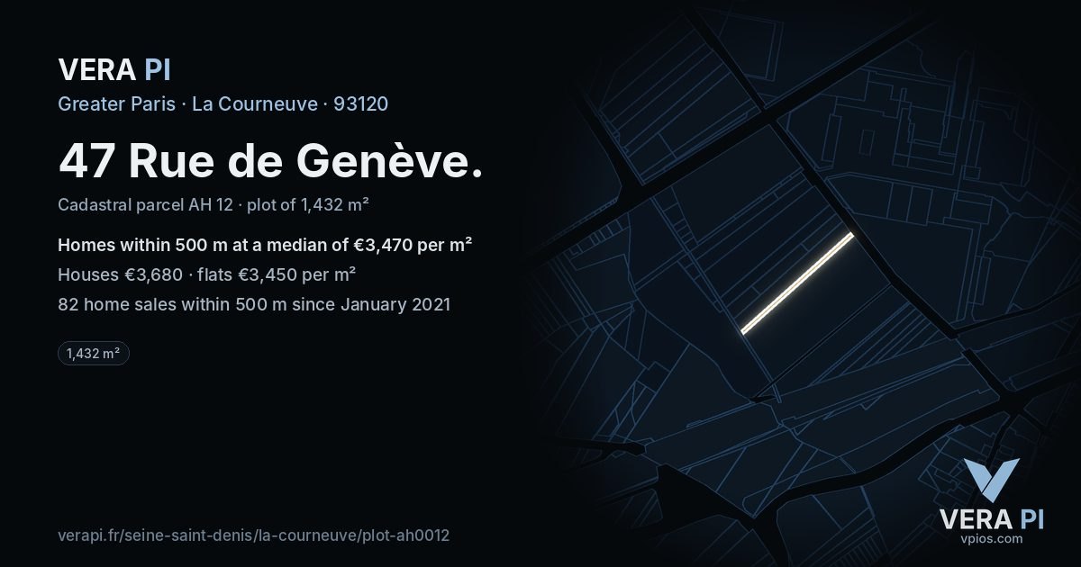 47 Rue de Genève, La Courneuve at night – the plot lit, the parcels around coloured by the prices near them