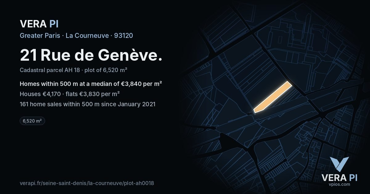 21 Rue de Genève, La Courneuve at night – the plot lit, the parcels around coloured by the prices near them