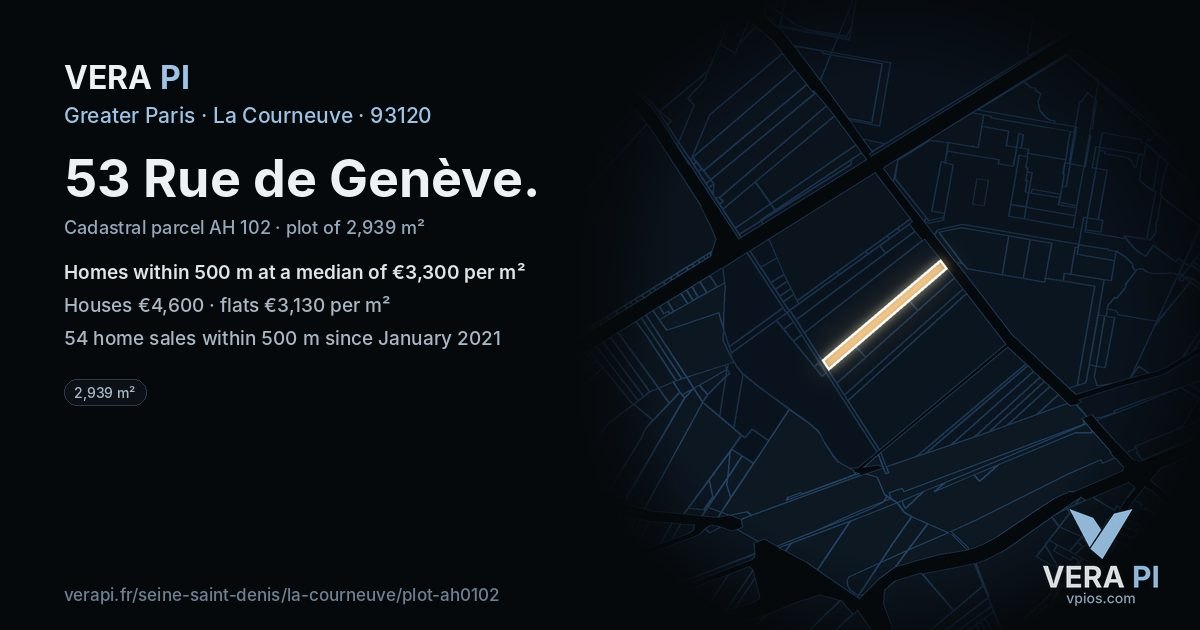 53 Rue de Genève, La Courneuve at night – the plot lit, the parcels around coloured by the prices near them