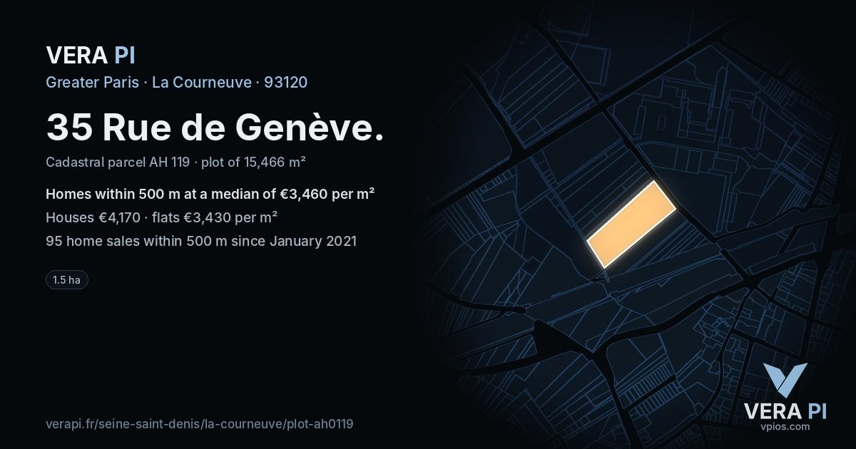 35 Rue de Genève, La Courneuve at night – the plot lit, the parcels around coloured by the prices near them