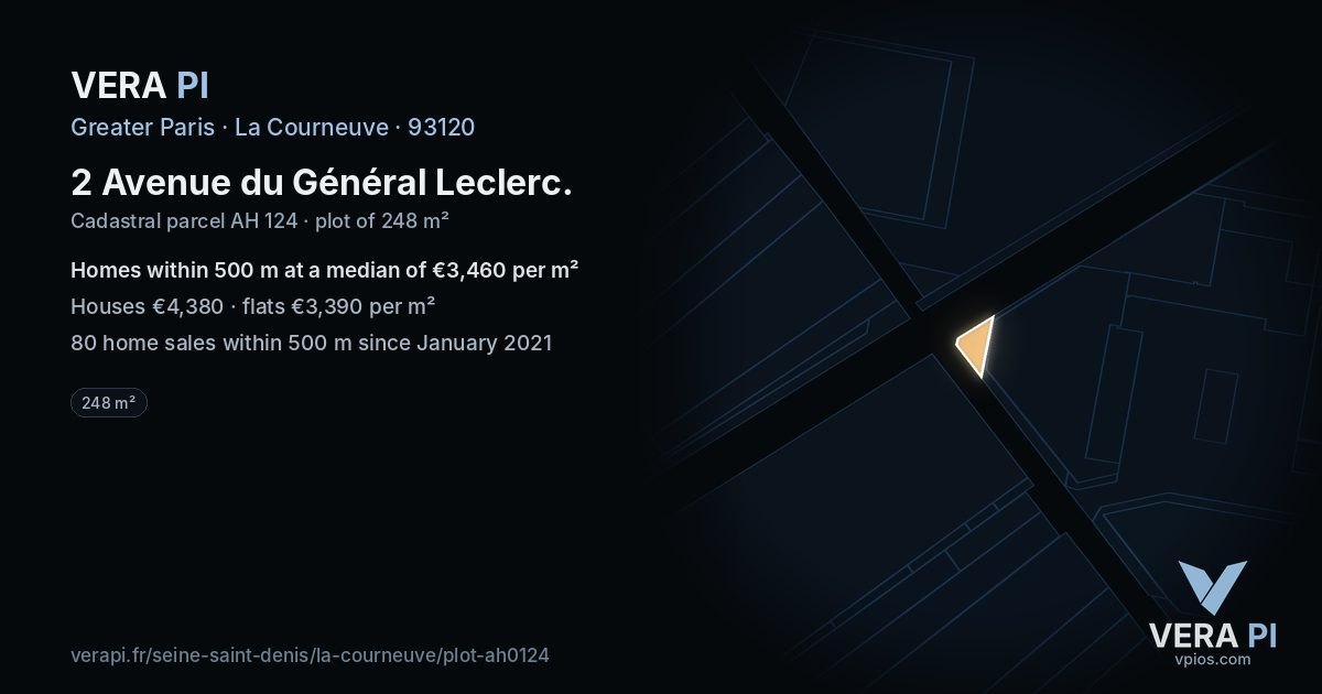 2 Avenue du Général Leclerc, La Courneuve at night – the plot lit, the parcels around coloured by the prices near them