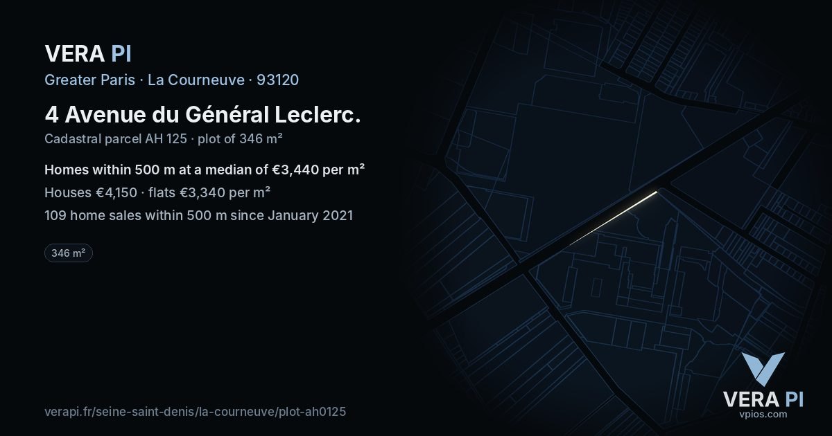 4 Avenue du Général Leclerc, La Courneuve at night – the plot lit, the parcels around coloured by the prices near them
