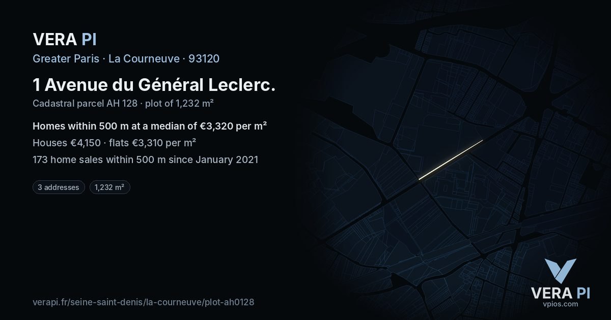 1 Avenue du Général Leclerc, La Courneuve at night – the plot lit, the parcels around coloured by the prices near them