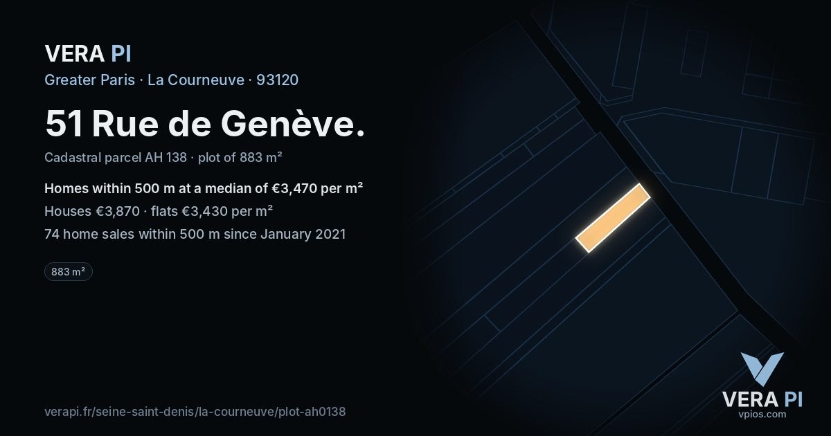51 Rue de Genève, La Courneuve at night – the plot lit, the parcels around coloured by the prices near them