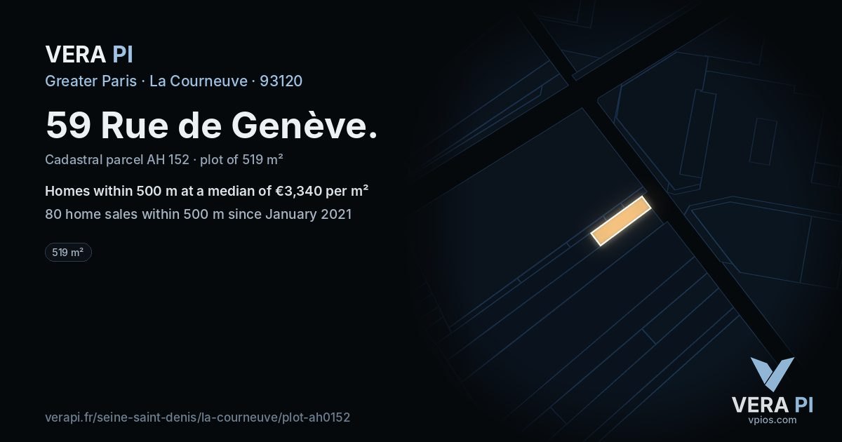 59 Rue de Genève, La Courneuve at night – the plot lit, the parcels around coloured by the prices near them
