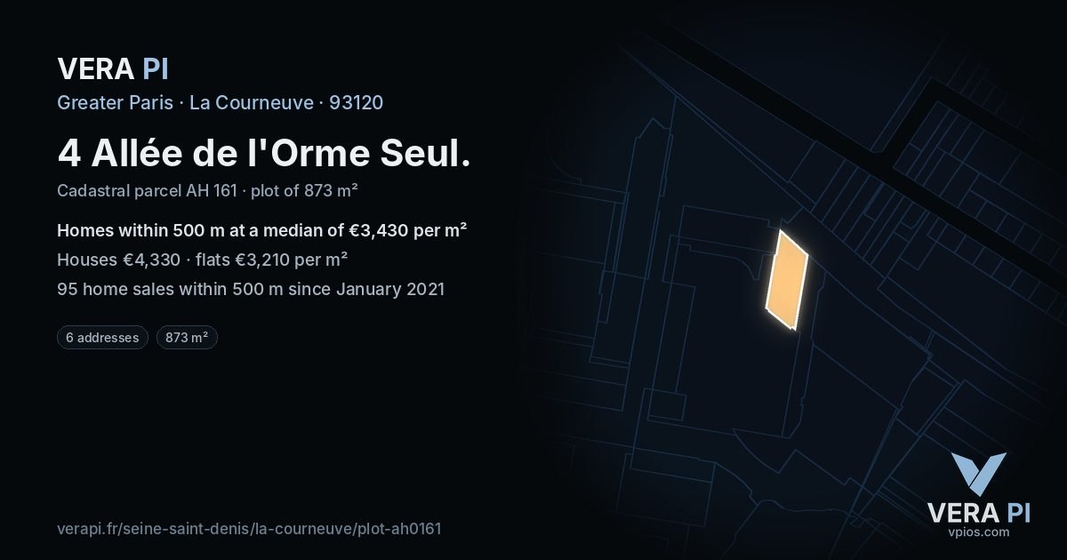 4 Allée de l'Orme Seul, La Courneuve at night – the plot lit, the parcels around coloured by the prices near them