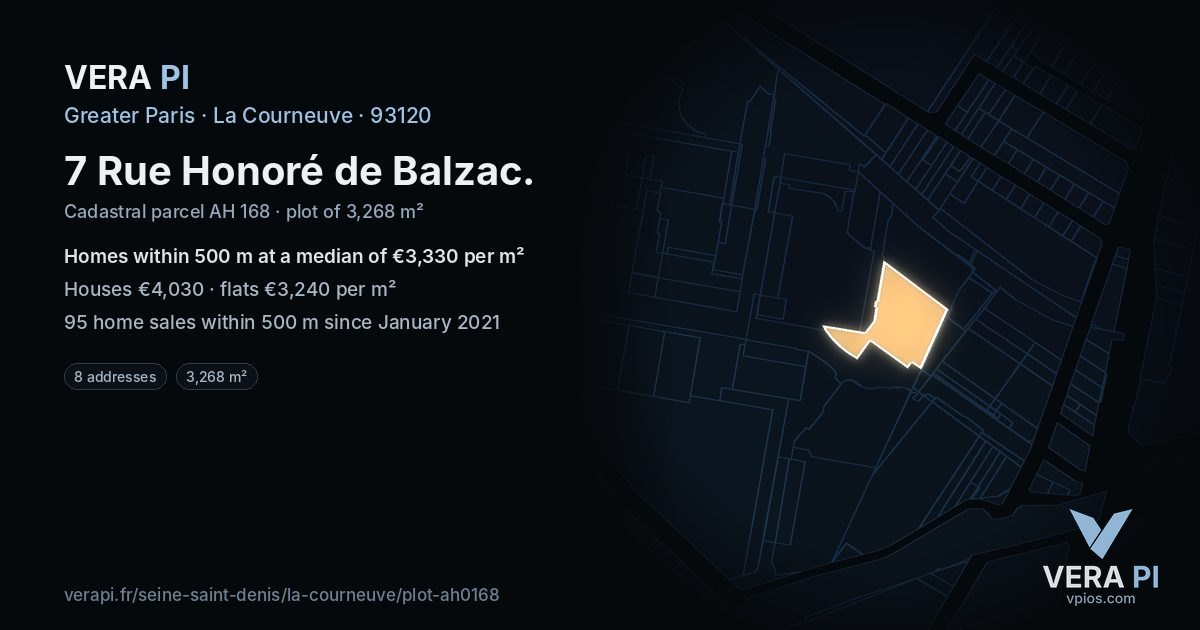 7 Rue Honoré de Balzac, La Courneuve at night – the plot lit, the parcels around coloured by the prices near them