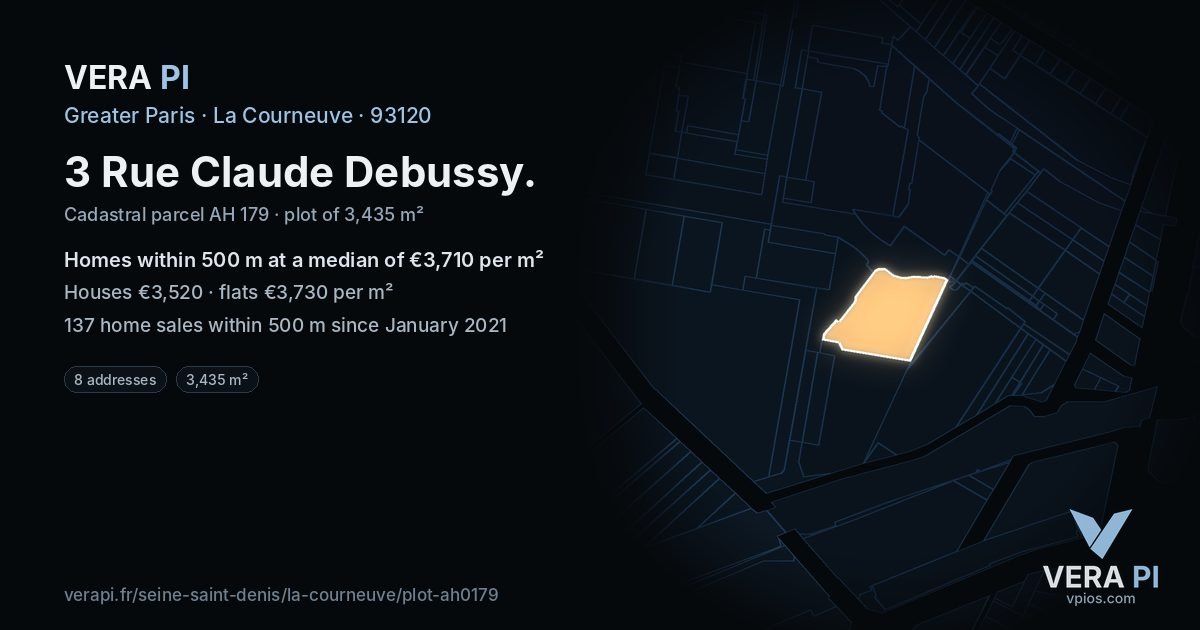 3 Rue Claude Debussy, La Courneuve at night – the plot lit, the parcels around coloured by the prices near them