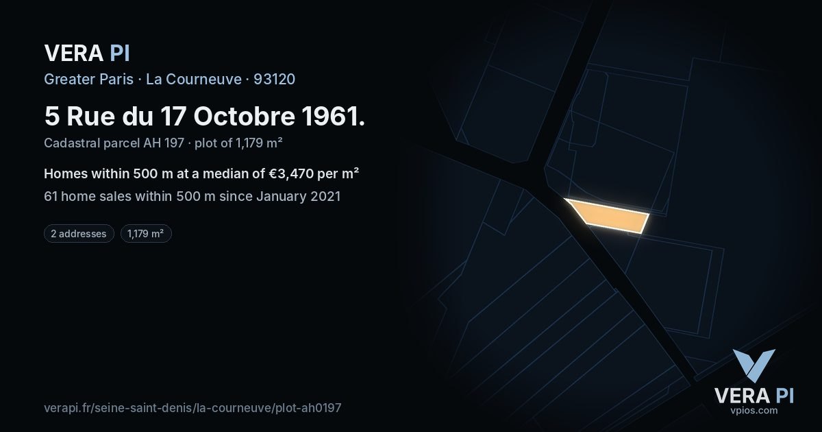 5 Rue du 17 Octobre 1961, La Courneuve at night – the plot lit, the parcels around coloured by the prices near them