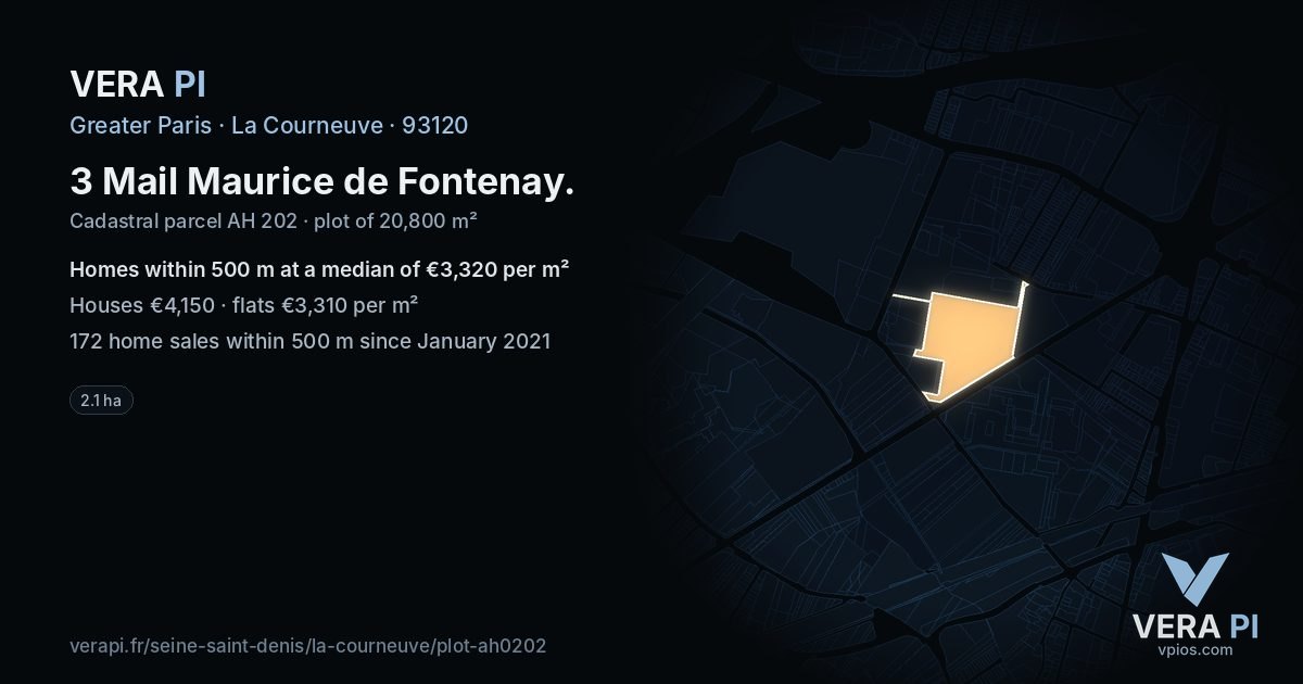 3 Mail Maurice de Fontenay, La Courneuve at night – the plot lit, the parcels around coloured by the prices near them