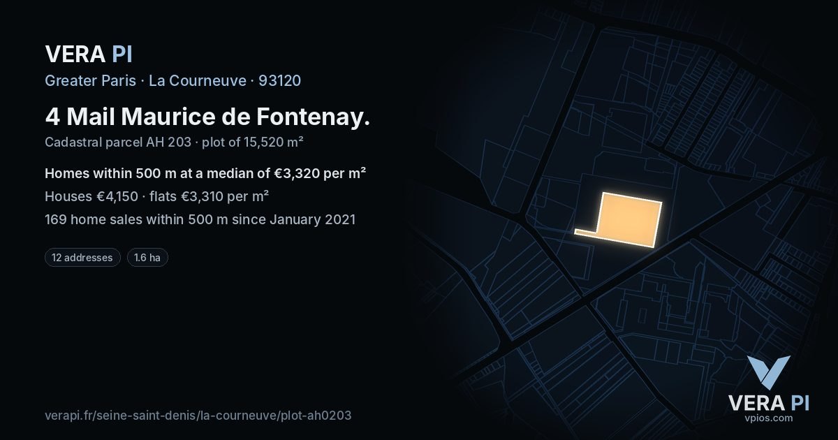 4 Mail Maurice de Fontenay, La Courneuve at night – the plot lit, the parcels around coloured by the prices near them