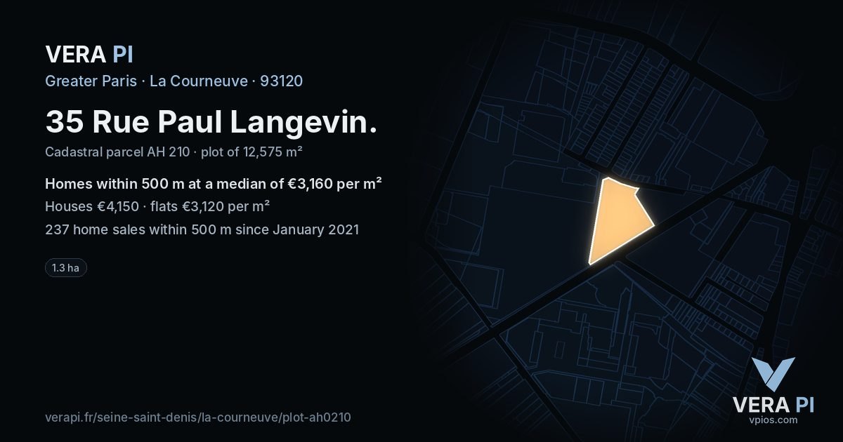 35 Rue Paul Langevin, La Courneuve at night – the plot lit, the parcels around coloured by the prices near them