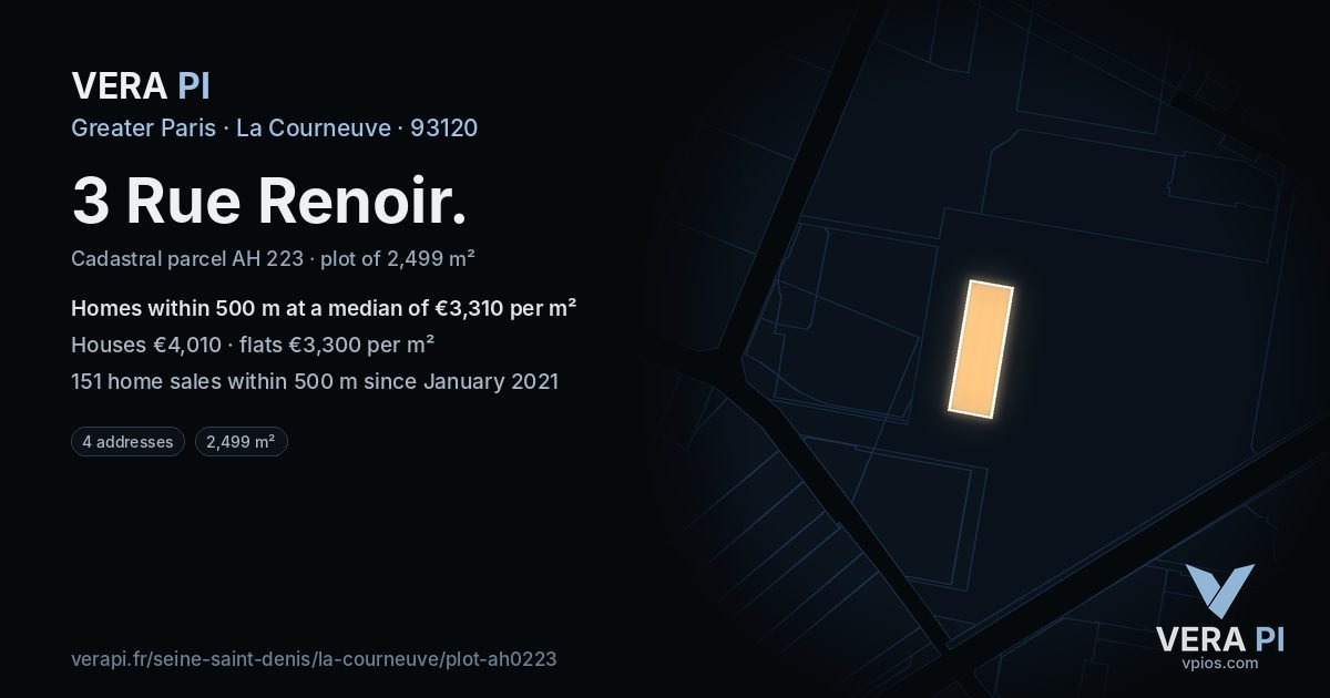3 Rue Renoir, La Courneuve at night – the plot lit, the parcels around coloured by the prices near them