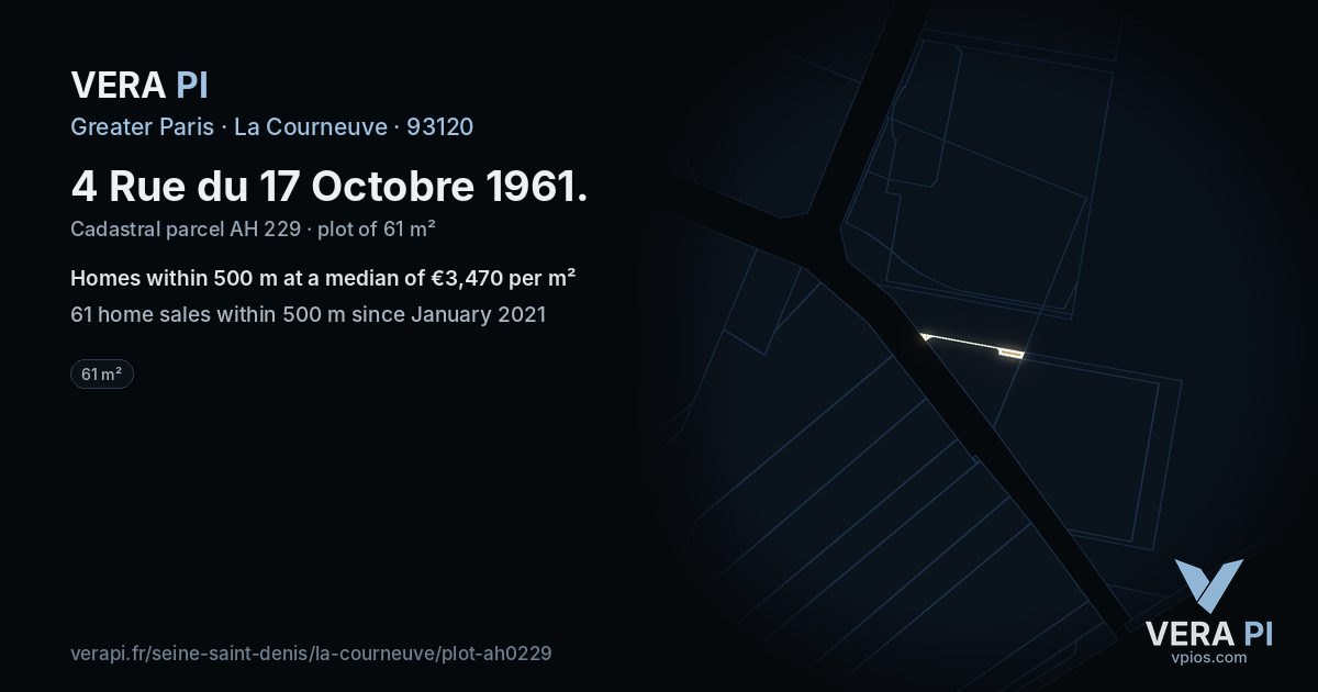 4 Rue du 17 Octobre 1961, La Courneuve at night – the plot lit, the parcels around coloured by the prices near them
