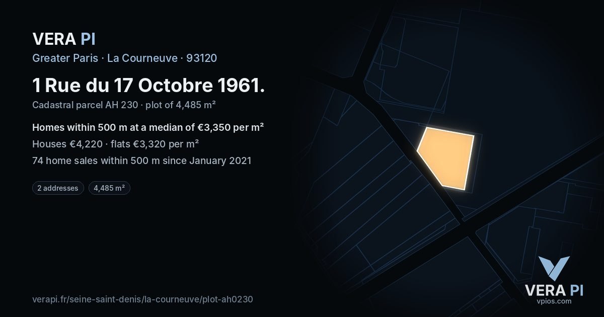 1 Rue du 17 Octobre 1961, La Courneuve at night – the plot lit, the parcels around coloured by the prices near them