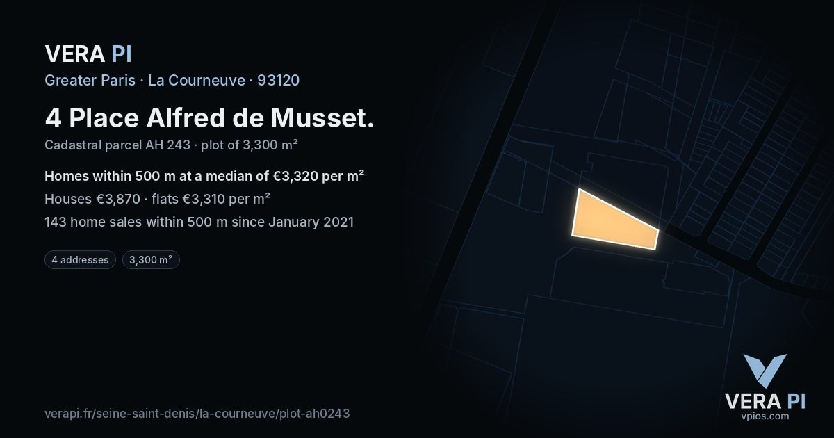 4 Place Alfred de Musset, La Courneuve at night – the plot lit, the parcels around coloured by the prices near them