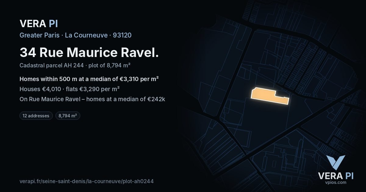 34 Rue Maurice Ravel, La Courneuve at night – the plot lit, the parcels around coloured by the prices near them