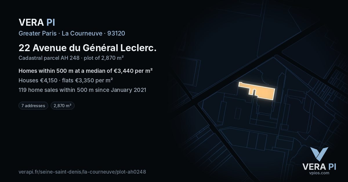 22 Avenue du Général Leclerc, La Courneuve at night – the plot lit, the parcels around coloured by the prices near them
