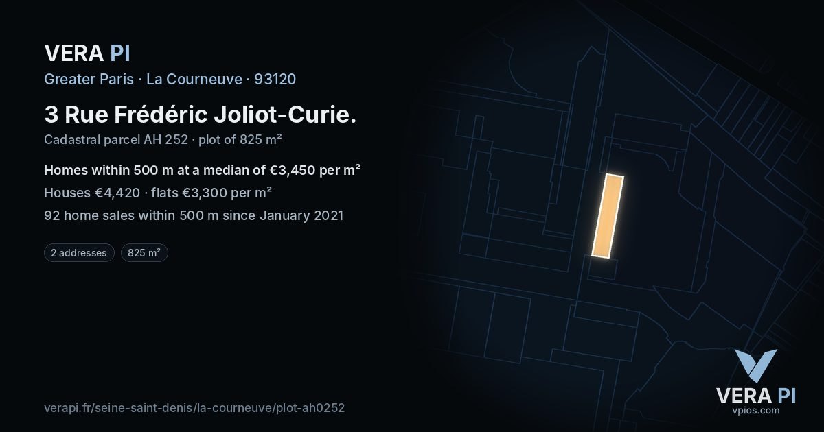 3 Rue Frédéric Joliot-Curie, La Courneuve at night – the plot lit, the parcels around coloured by the prices near them