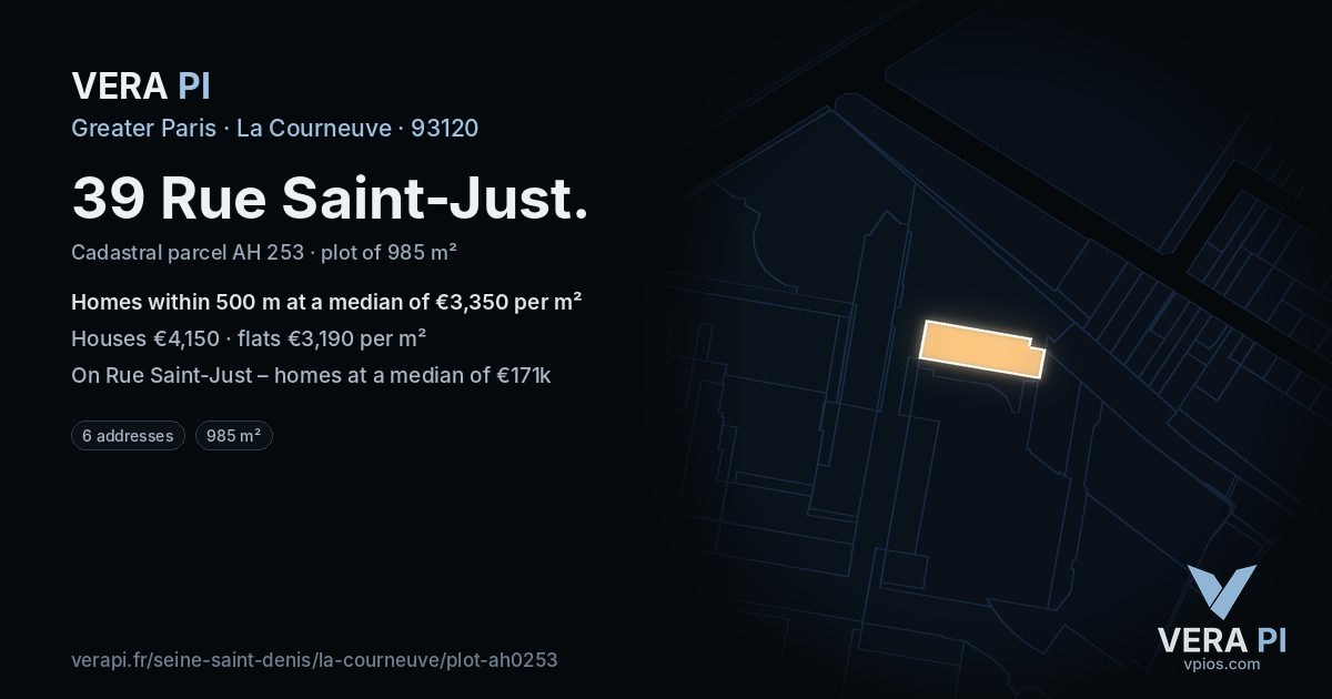 39 Rue Saint-Just, La Courneuve at night – the plot lit, the parcels around coloured by the prices near them
