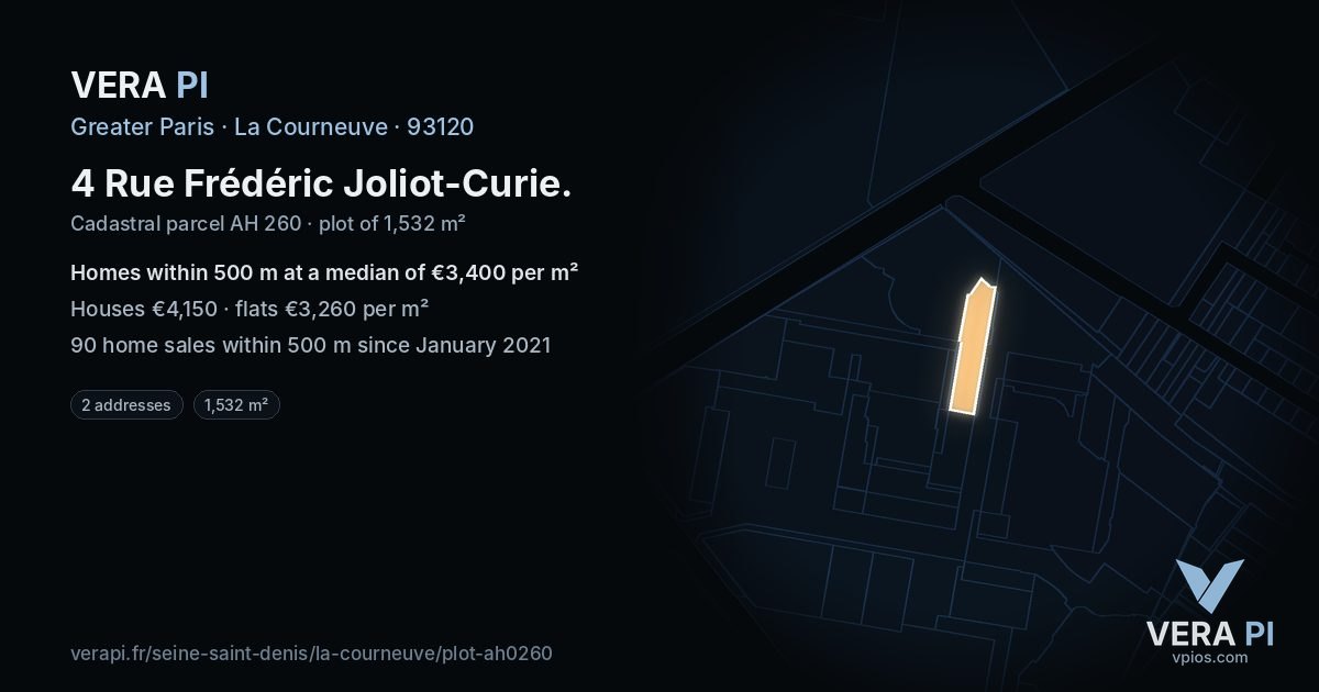 4 Rue Frédéric Joliot-Curie, La Courneuve at night – the plot lit, the parcels around coloured by the prices near them