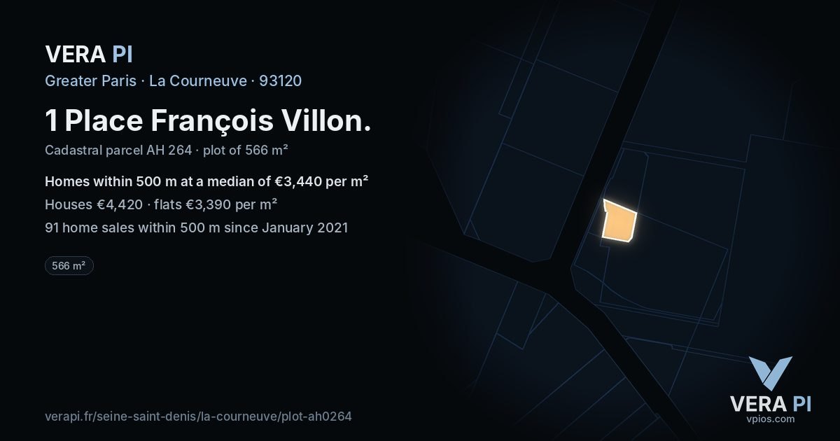1 Place François Villon, La Courneuve at night – the plot lit, the parcels around coloured by the prices near them