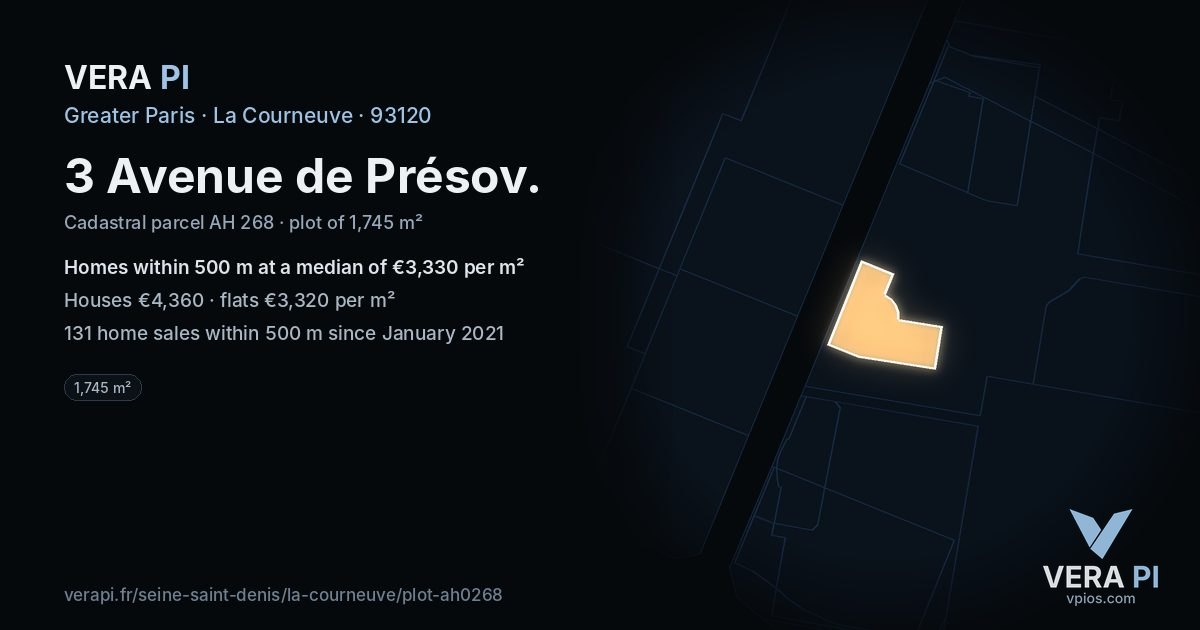 3 Avenue de Présov, La Courneuve at night – the plot lit, the parcels around coloured by the prices near them