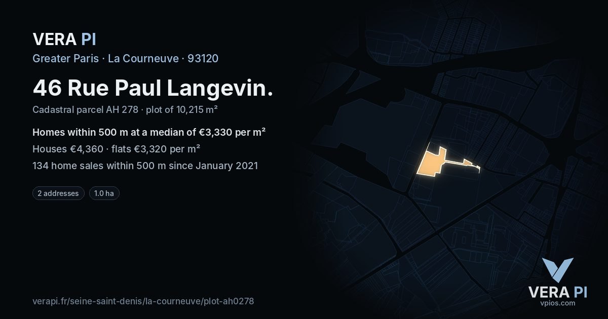 46 Rue Paul Langevin, La Courneuve at night – the plot lit, the parcels around coloured by the prices near them